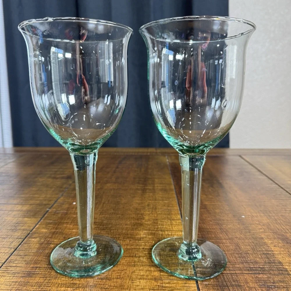 2 La Mediterranea Recycled Green Glass Water/ Wine Goblets Spain Verde 9.5